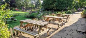 a group of picnic tables and benches in a park at Maple House in Bristol