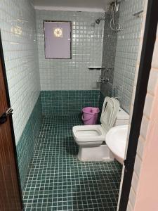 a green tiled bathroom with a toilet and a sink at Dream Dwell Resort in Calangute