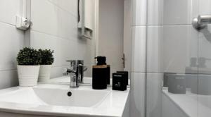 a bathroom with a white sink and a mirror at Le Saphir Central - Cosy - Gare in Mâcon +2 photos