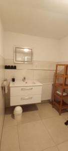 a bathroom with a sink and a toilet and a mirror at Appartements an der Kaiserpfalz - Königshof in Forchheim +37 photos