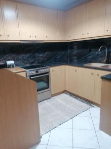 una cocina con estufa y fregadero en ANNA'S HOME Ιωάννινα, en Ioannina