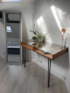 a dressing table with a mirror and plants on it at Love House - Maison entière et son jardin - Rare à Paris in Paris