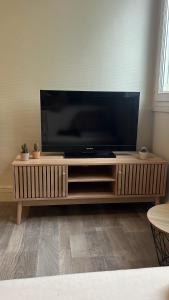 una TV a schermo piatto seduta su un centro di intrattenimento in legno di Petit appartement cosy Miribel a Miribel