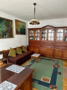 a living room with a couch and a table at Perfect Remote-Workplace in Sunny Apartment in Myślenice