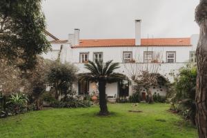 a white house with a palm tree in the yard at Casa da Peça Lodge in Ponta Delgada