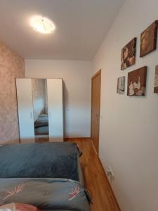 a bedroom with a bed and a mirror at MV Dreams, free parking in Novi Sad