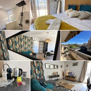 un collage di foto di una camera da letto e di un soggiorno di LE COLORÉ - Parking gratuit - Confortable a Pau Altre 31 foto