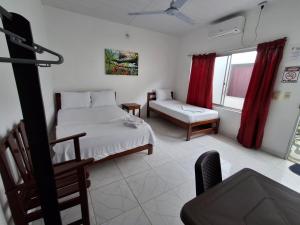 a bedroom with a bed and a chair and a window at Heliconias Hotel in Leticia