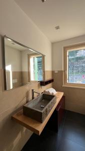 a bathroom with a stone sink and a mirror at Caramaschi Verona Apartment in Negrar