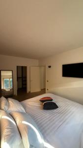 a bedroom with a large white bed with a flat screen tv at Caramaschi Verona Apartment in Negrar