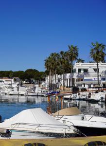 a bunch of boats are docked in a marina at Casa Binimel-là con piscina a Cala n'Bosh Menorca in Cala en Bosc
