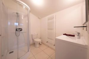 a white bathroom with a shower and a toilet at gîte maison d'Anetz in Anetz +23 photos