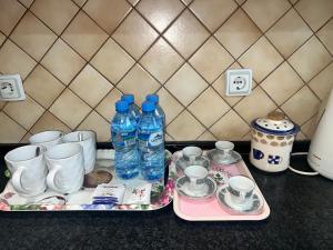 a table with two trays with water bottles and cups at Gjirokaster Mountain View Apartment in Gjirokastër