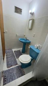 a bathroom with a blue toilet and a sink at Monoambiente Practico y Centrico IGR in Puerto Iguazú +10 photos