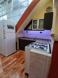 Una cocina con estufa y refrigerador blanco. en Hospedaje DUDOMU, en Buenos Aires