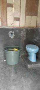 a bathroom with a blue toilet and a bucket at Mares Homestay-Raja Ampat in Fam +90 photos