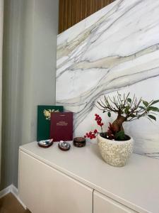 a white dresser with a plant on top of it at Garden Building Luxury Apartment in Tirana