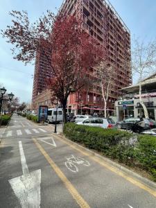an empty street with a bike lane in a city at Garden Building Luxury Apartment in Tirana