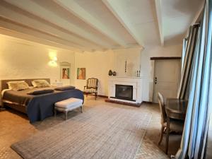 sypialnia z łóżkiem i kominkiem w obiekcie Gîte Rochellier - Charente-Maritime w mieście Cravans +37 zdjęć