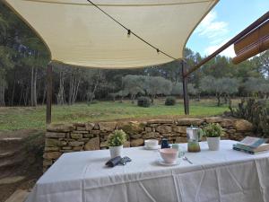 una mesa con un mantel blanco en la parte superior en MAS TARRÈS, en Madremanya 46 fotos más