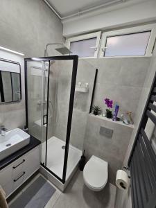 a bathroom with a shower and a toilet and a sink at 7Wygodny pokoj w centrum Wroclawia in Wrocław