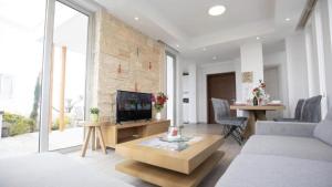 ein Wohnzimmer mit Sofa und Fernseher in der Unterkunft Aqua Luxe Konnos Beach Ayia Napa Protaras Villa with Sea view in Protaras