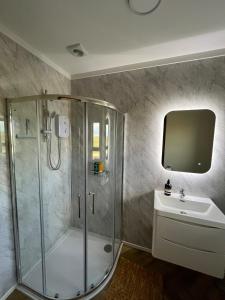 a bathroom with a shower and a sink and a tv at Woodview Cottage in Mill Loughan +92 photos