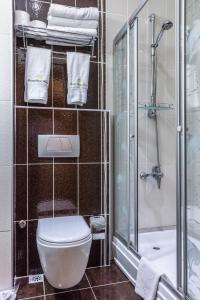 a bathroom with a toilet and a shower with towels at Grand Rosa Hotel in Istanbul