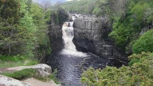 a waterfall on the side of a mountain with trees at Otter Lodge in Gainford +16 photos