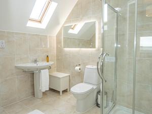 a bathroom with a toilet and a sink and a shower at Corsewall Castle Farm Lodges in Kirkcolm +51 photos