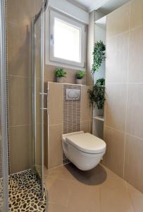 a bathroom with a toilet and a shower at Ebène studio Centre ville Climatisation Terrasse Disneyland 4 personnes et 1 bébé in Bailly-Romainvilliers