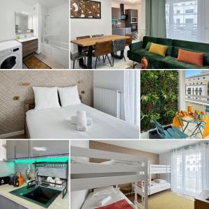 Un collage de fotos de un dormitorio y una sala de estar. en Le Chessy Disney - Logement pour 6 à Disneyland Paris avec vue sur le feu d artifice, en Chessy