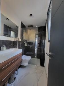 une salle de bain avec toilettes, lavabo et douche dans l'établissement Sublime Villa Récente d'Architect T5 & Piscine & 5 pkg, à Cabriès