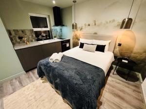 a bedroom with a large bed and a kitchen at Luxury city centre London flats, ideal for tourists in Streatham Vale
