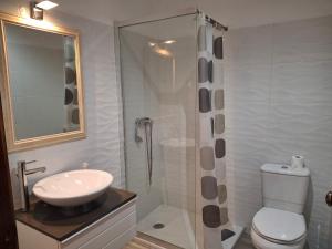 a bathroom with a shower and a sink and a toilet at Casa da Corte in Mina de São Domingos +7 photos