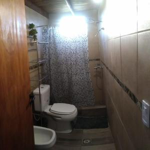 a bathroom with a shower and a toilet and a sink at La casa de Yoni in Las Toninas
