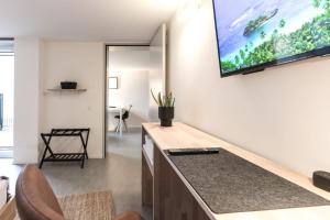 a living room with a flat screen tv on a wall at INN JOY Apartments - Sankt Gallen Town Apartment in St. Gallen