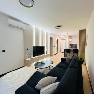 a living room with a black couch and a living room at Apartman1105 Sarajevo Free Garage in Sarajevo