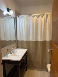 a bathroom with a sink and a shower curtain at Mi Ruca in Puerto Madryn