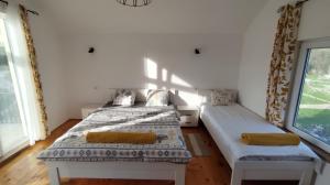 two beds in a room with two windows at Bobija Village Skadar lake in Karuč