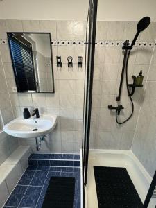 a bathroom with a sink and a shower at PS Apartments Freienhufen in Großräschen +1 photo