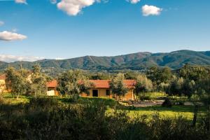 a house in a field with mountains in the background at Quinta-lina de serpins in Serpins