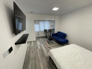 a bedroom with a bed and a tv and a chair at Smart Studio in Petrila