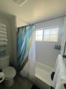 un bagno con doccia, WC e finestra di Three bedroom family home with off street parking and fenced yard a Centennial