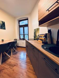 - une cuisine avec un comptoir et une table dans l'établissement Komfort trifft Kultur - Premium-Apartment mit Sauna, à Wittemberg