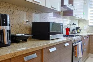 サントドミンゴにあるElegant Centric Apt Near allの電子レンジ付きのカウンタートップを備えたキッチン