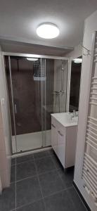a bathroom with a shower and a sink at Ferienwohnung nähe Marburg und Gießen in Fronhausen