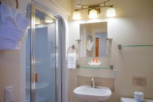 Un baño con ducha, lavabo y espejo. en Lakeshore Lodging Lodge 715, en Homer 22 fotos más