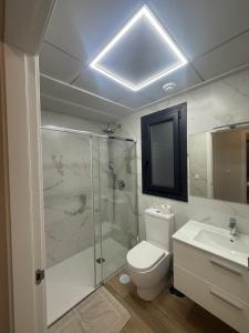 ein Badezimmer mit Dusche, Toilette und Waschbecken in der Unterkunft Costa Blanca Beach Apartment in Arenales del Sol