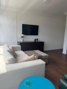a living room with a couch and a flat screen tv at Conforto e Localização Estratégica - Perto de Tudo in Joinville